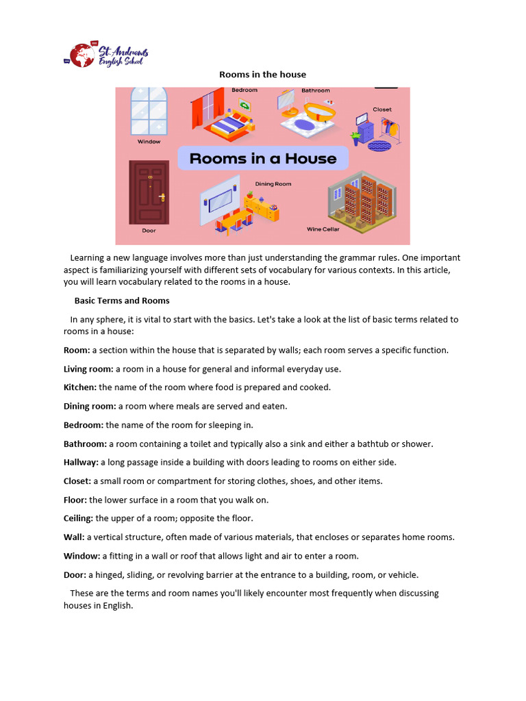 Vocabulary of House Rooms in English | PDF | Room | Wall