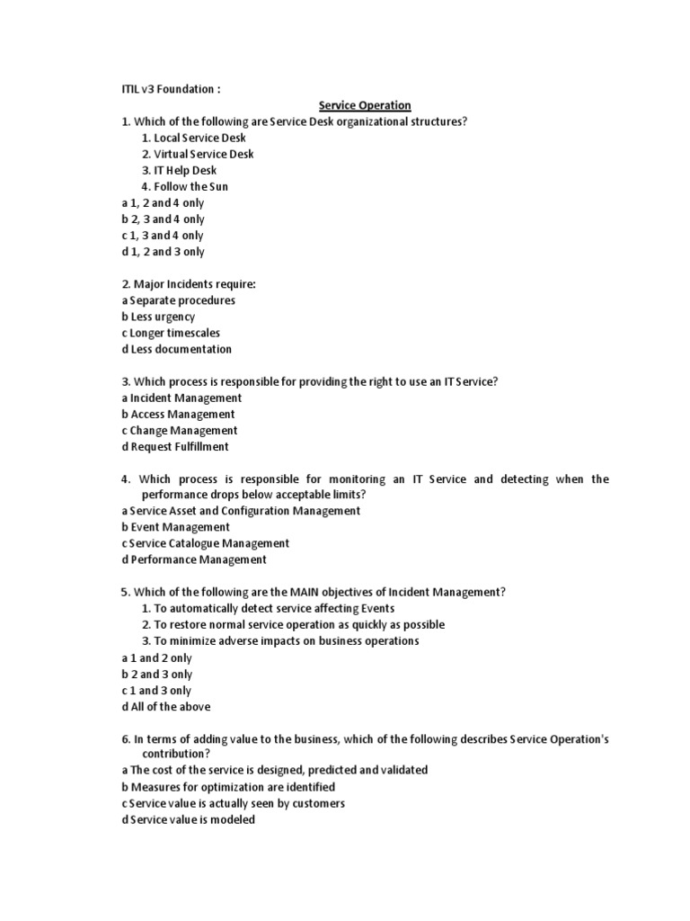 Mock Test Service Operation Itil Information Management