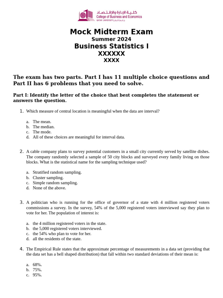 Summer 2024 Business Statistics Midterm Exam | PDF | Sampling ...