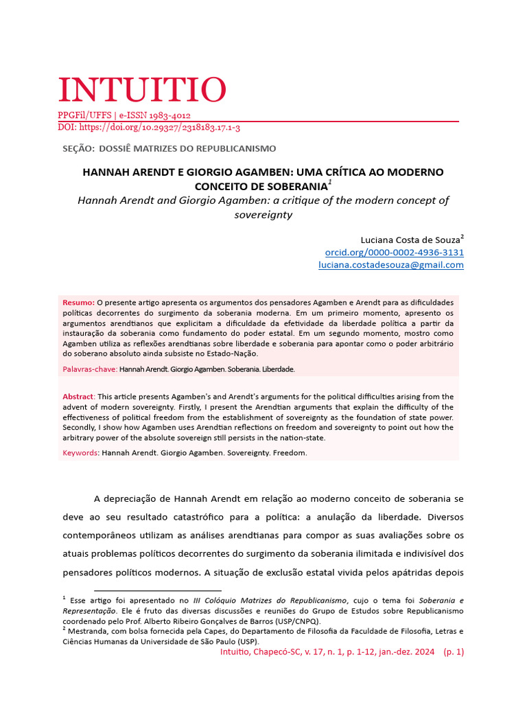 Hannah Arendt E Giorgio Agamben Uma Critica Ao Mod Pdf Liberdade