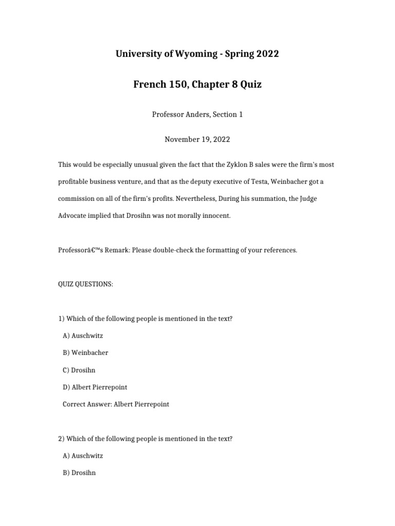 French 150 Chapter 8 Quiz | PDF
