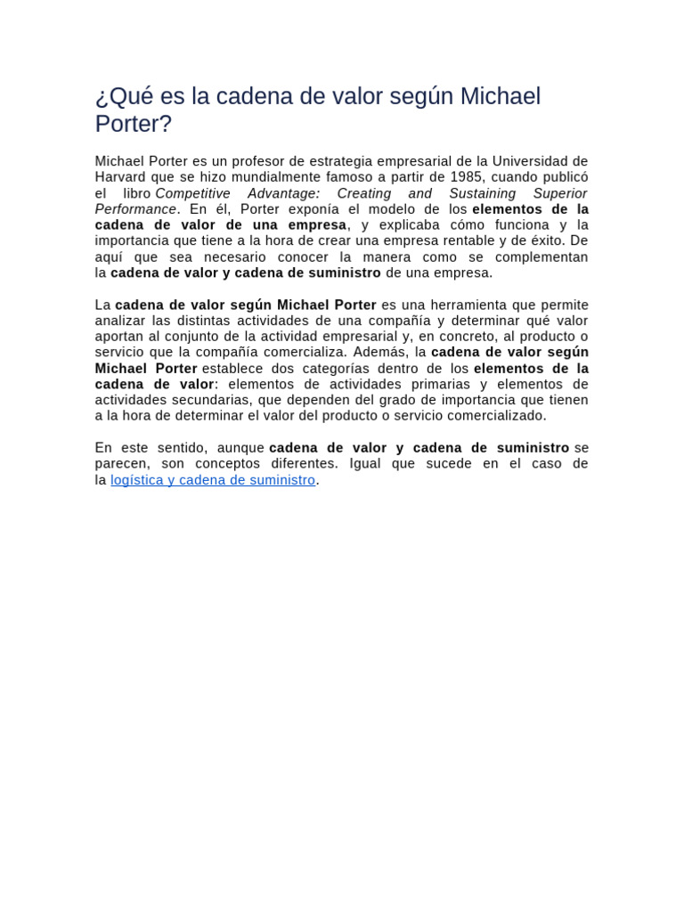 La cadena de valor según Michael Porter | PDF