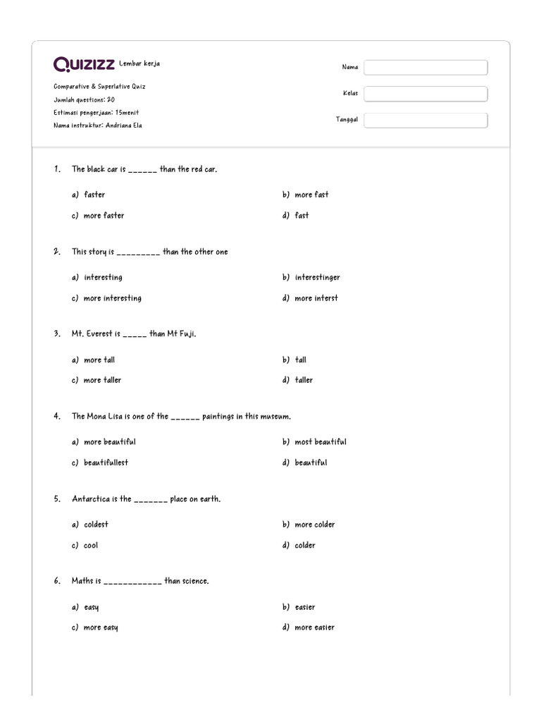 Comparative & Superlative Quiz _ Quizizz | PDF | Zoology