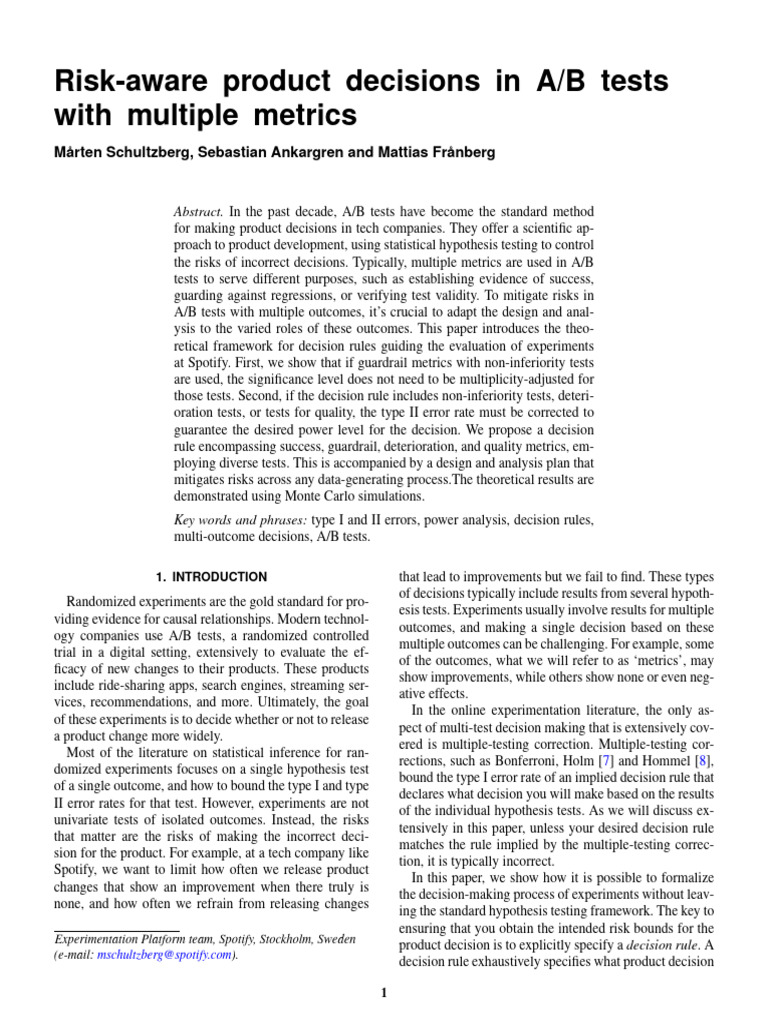 Risk-Aware Product Decisions in A:b Tests With Multiple Metrics | PDF ...