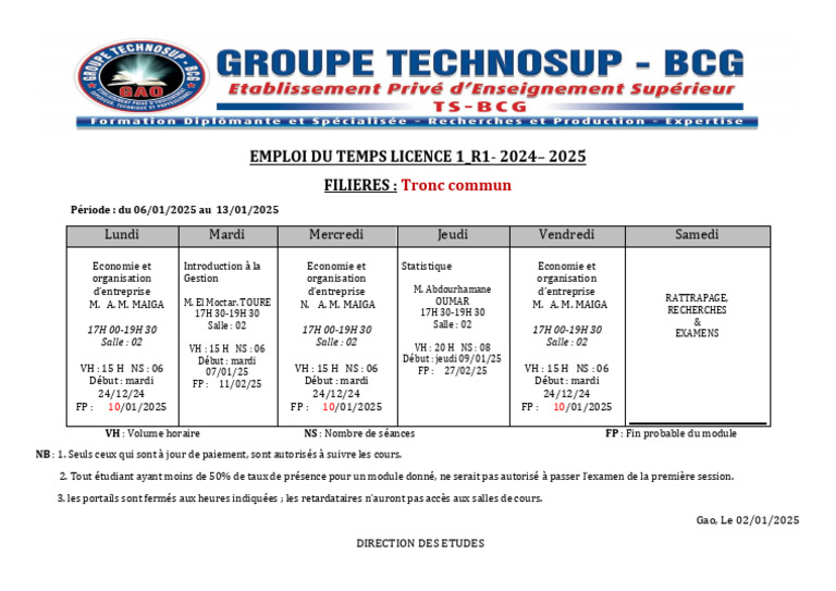 Emploi du temps Licence 1 R1 2024-2025 | PDF