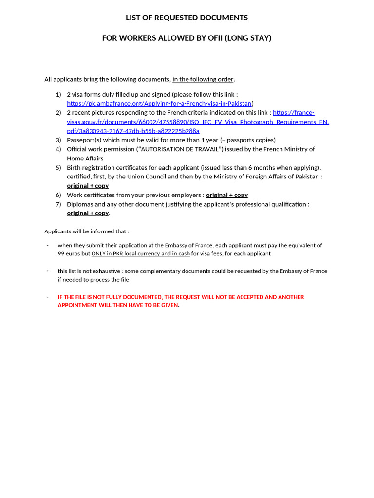 OFII Workers Applicants List of Documents | PDF