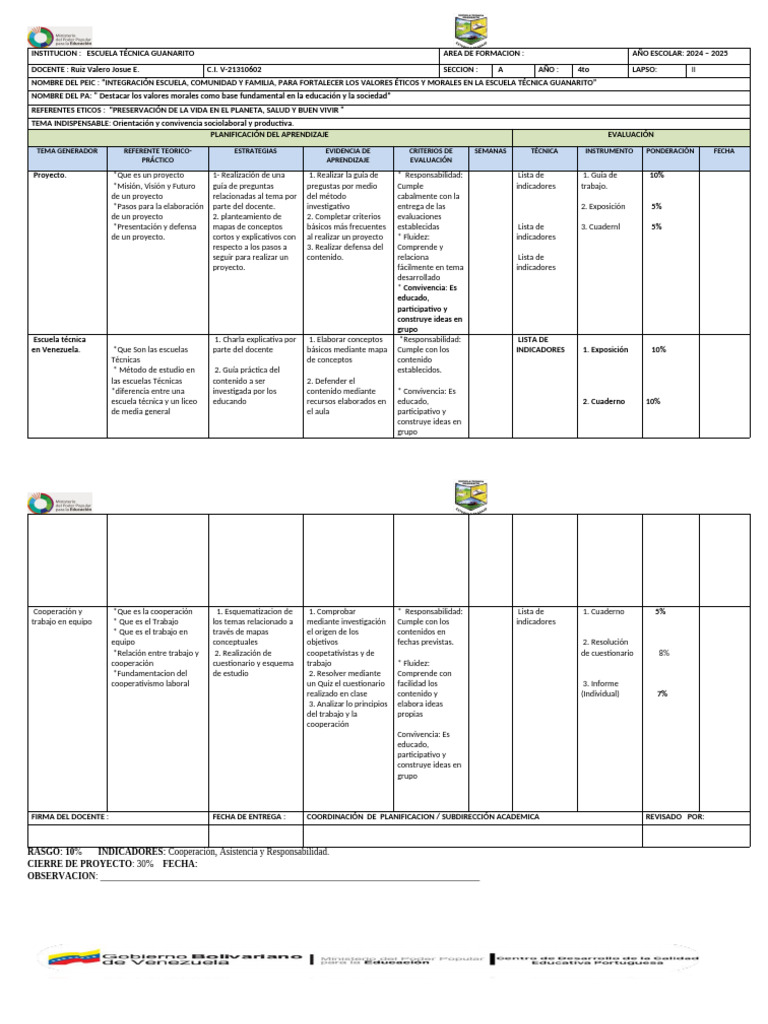 2 Lapso 4to Año | PDF | Maestros | Aprendizaje