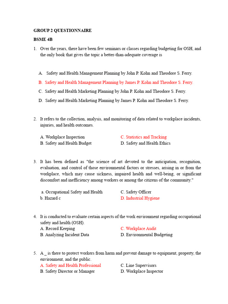 Occupational Safety and Health Questionnaire | PDF | Occupational ...