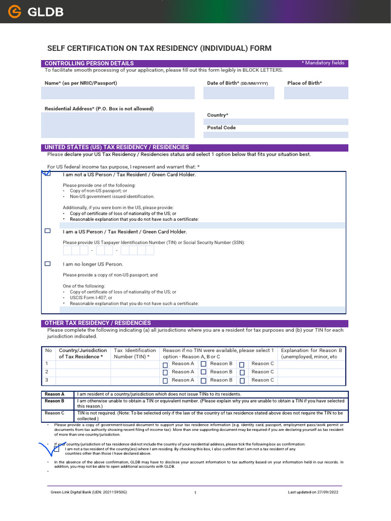 Self-Certification On Tax Residency Status (Individual) Form ...