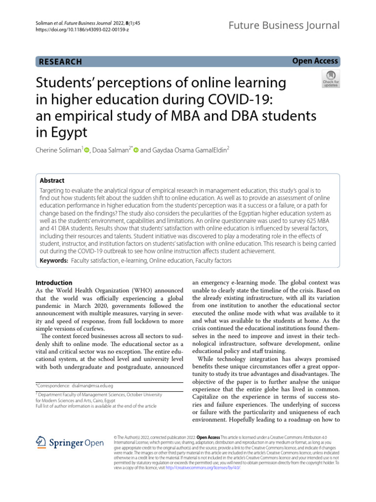 Students' Perceptions of Online Learning in Higher Education During ...