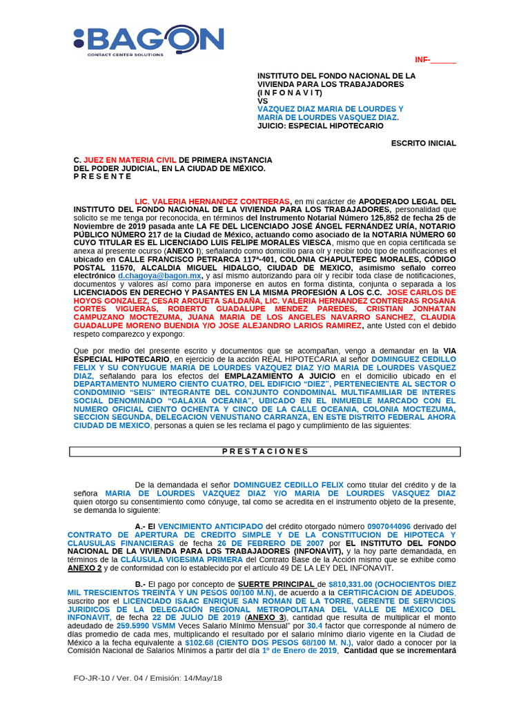 Formato de Demanda Con Consentimiento de Conyuge Esp. Hip. CDMX | PDF ...