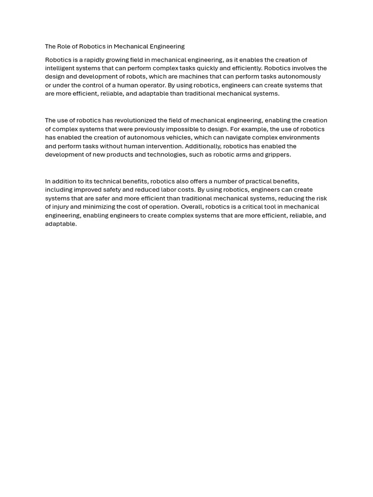 The Role of Robotics in Mechanical Engineering | PDF