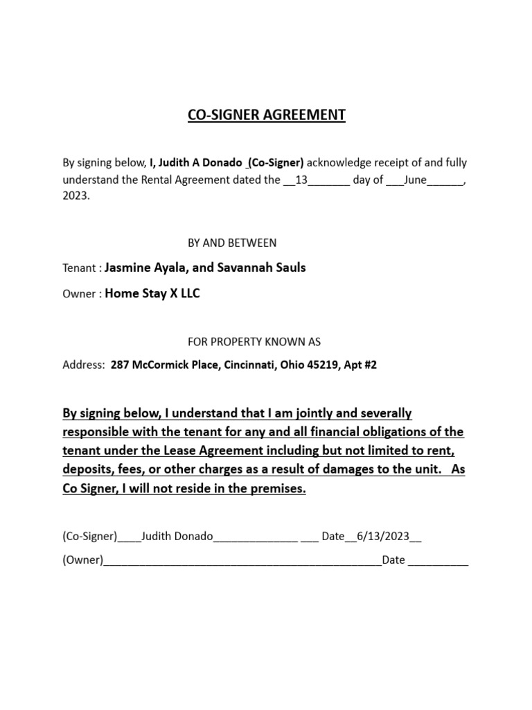 Co-Signer Agreement for Rental Lease | PDF