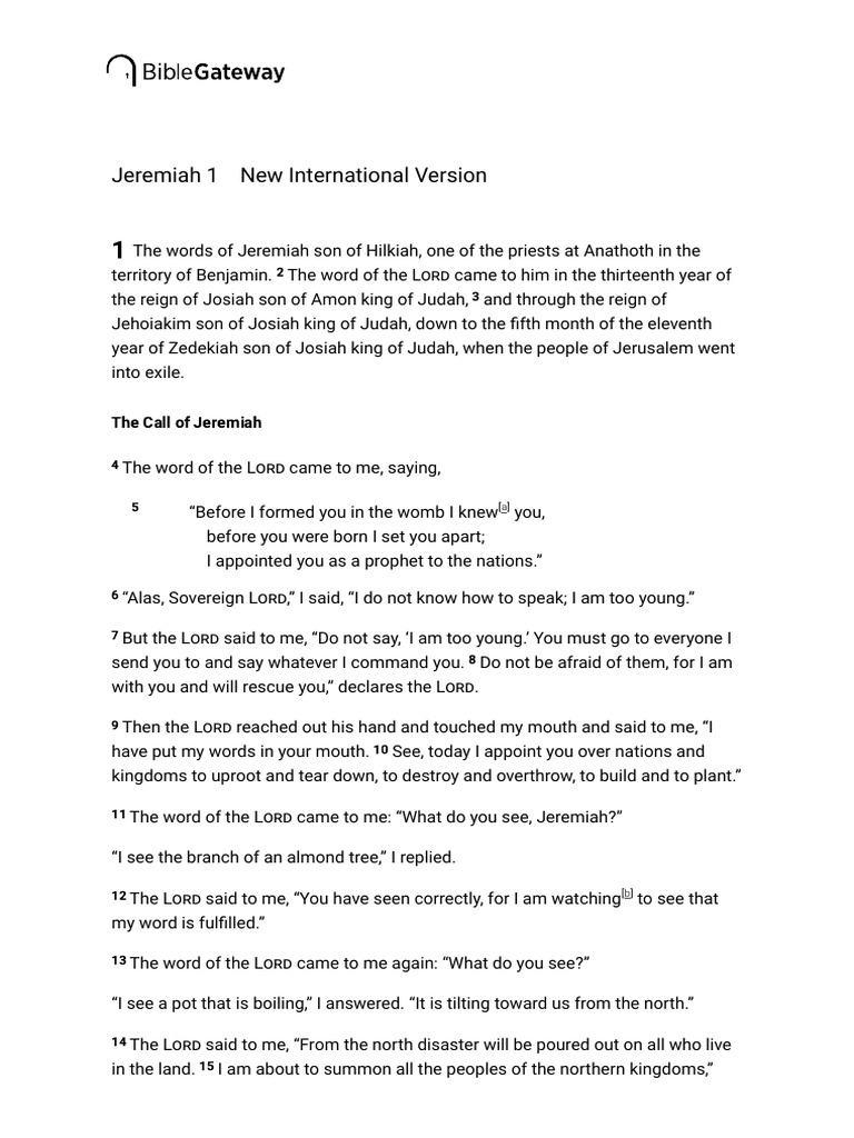 Jeremiah 1 NIV - The Words of Jeremiah Son of Hilkiah, - Bible Gateway ...