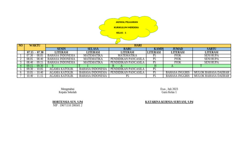 Roster Pelajaran Kelas 1 Kurikulum Merdeka | PDF