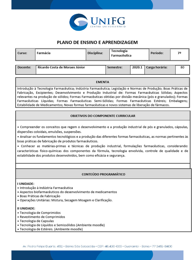 Tecnologia Farmacêutica: Plano de Ensino | PDF | Farmacêutico ...