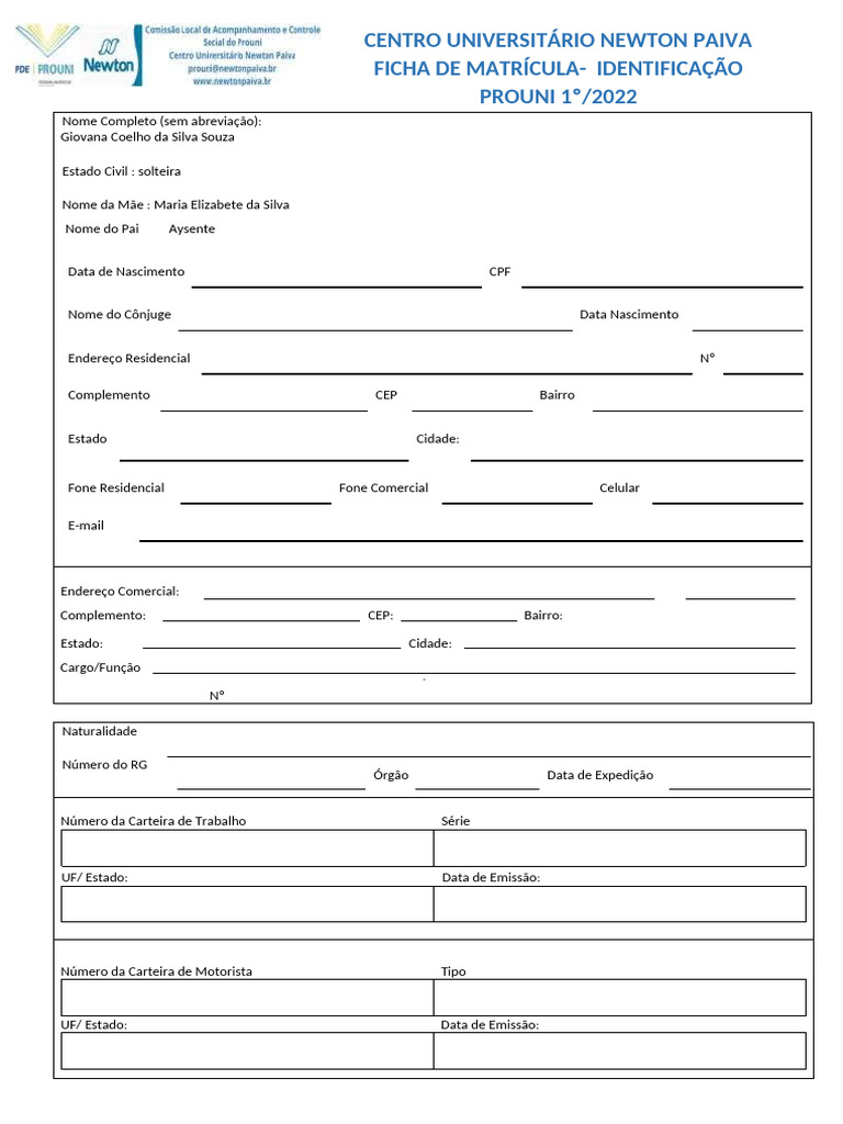 Ficha de Inscrição Prouni 1º/2022 | PDF