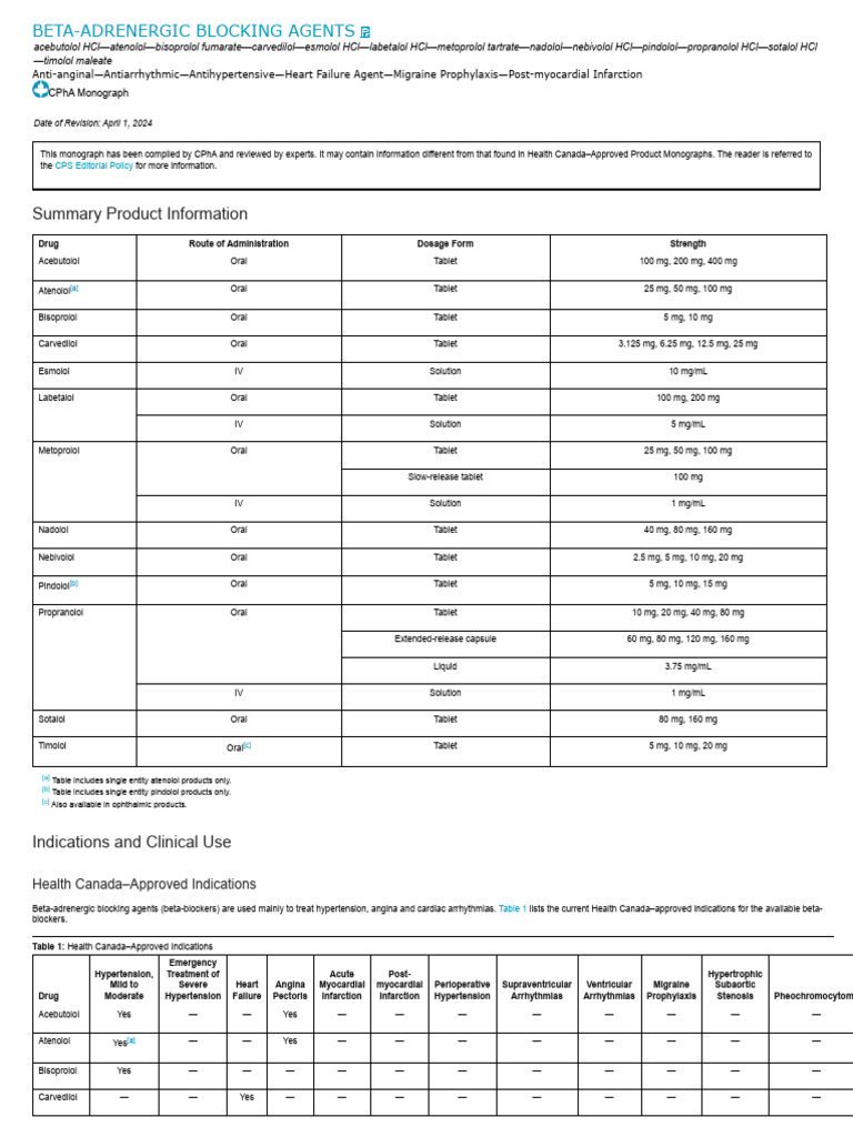 Beta-adrenergic Blocking Agents (CPhA Monograph) | PDF | Medical ...