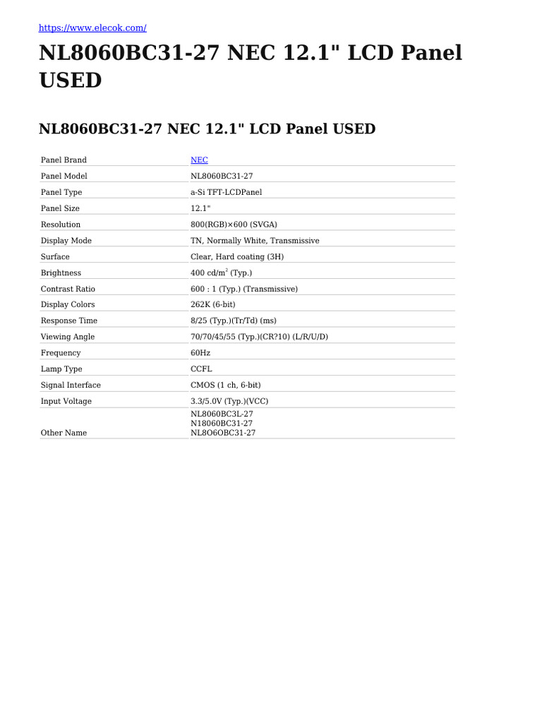 NL8060BC31-01 Màn hình LCD NEC 12.1 inch