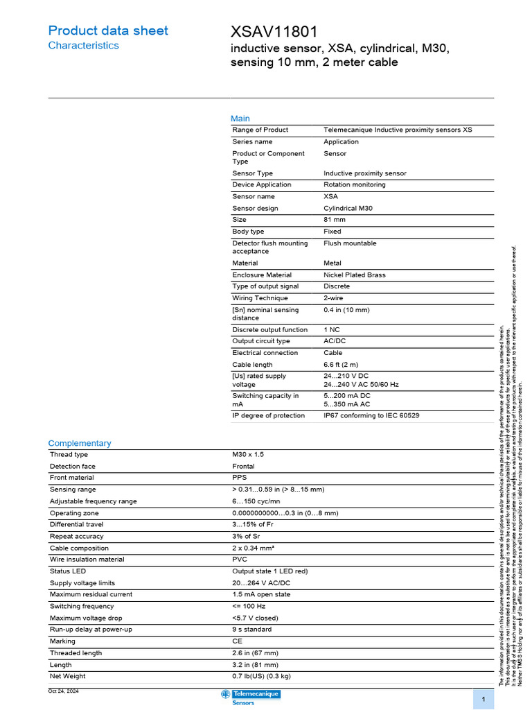 XSAV11801 Inductive Sensor Datasheet | PDF | Sensor | Alternating Current