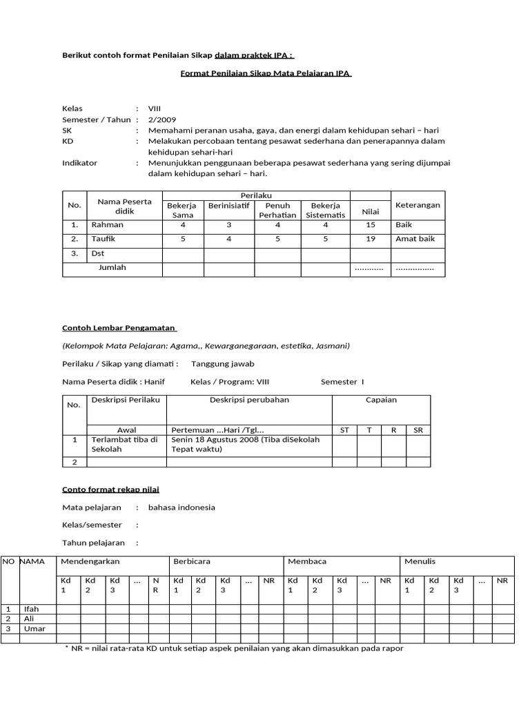 Format Penilaian Sikap dan Nilai IPA | PDF