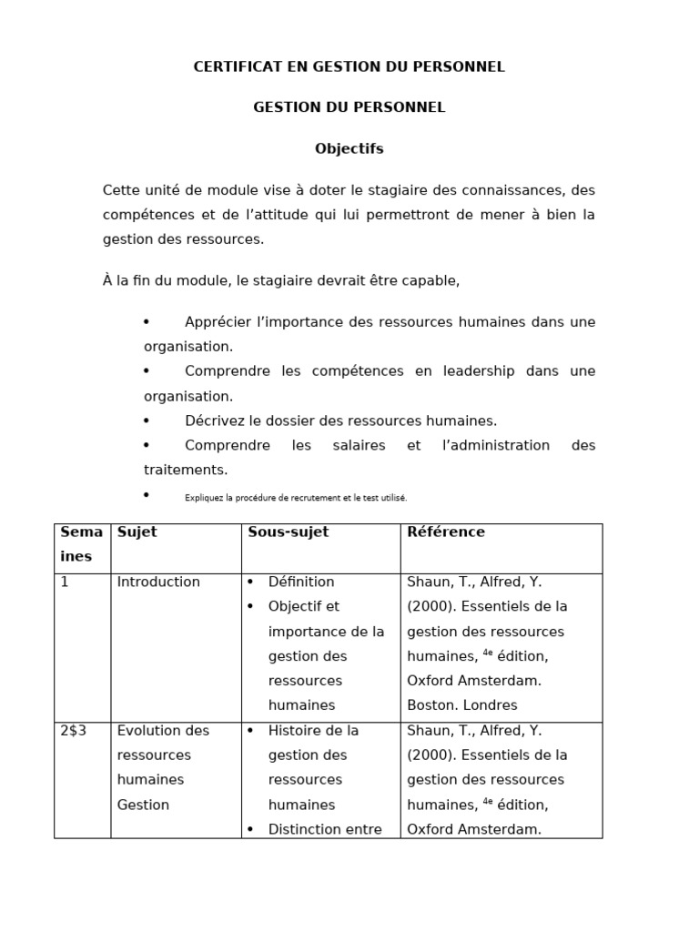 Certificat en Gestion des Ressources Humaines | PDF | Gestion des ...