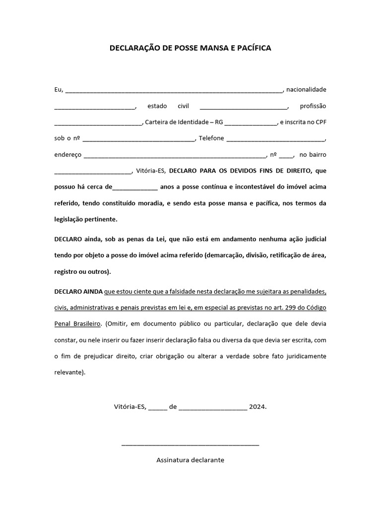 Declaração de Posse Mansa e Pacífica | PDF