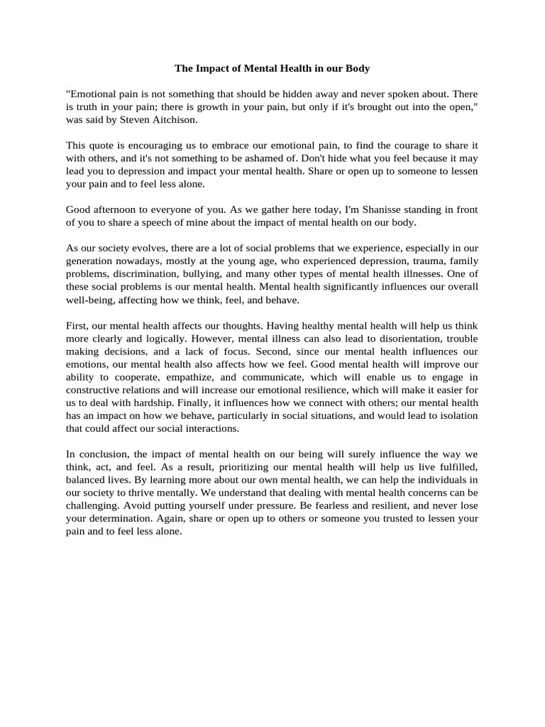 The Impact of Mental Health in Our Body | PDF | Mental Health | Pain