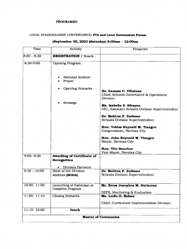PTA AND LOCAL GOVERNMENT FORUM Program Matrix | PDF