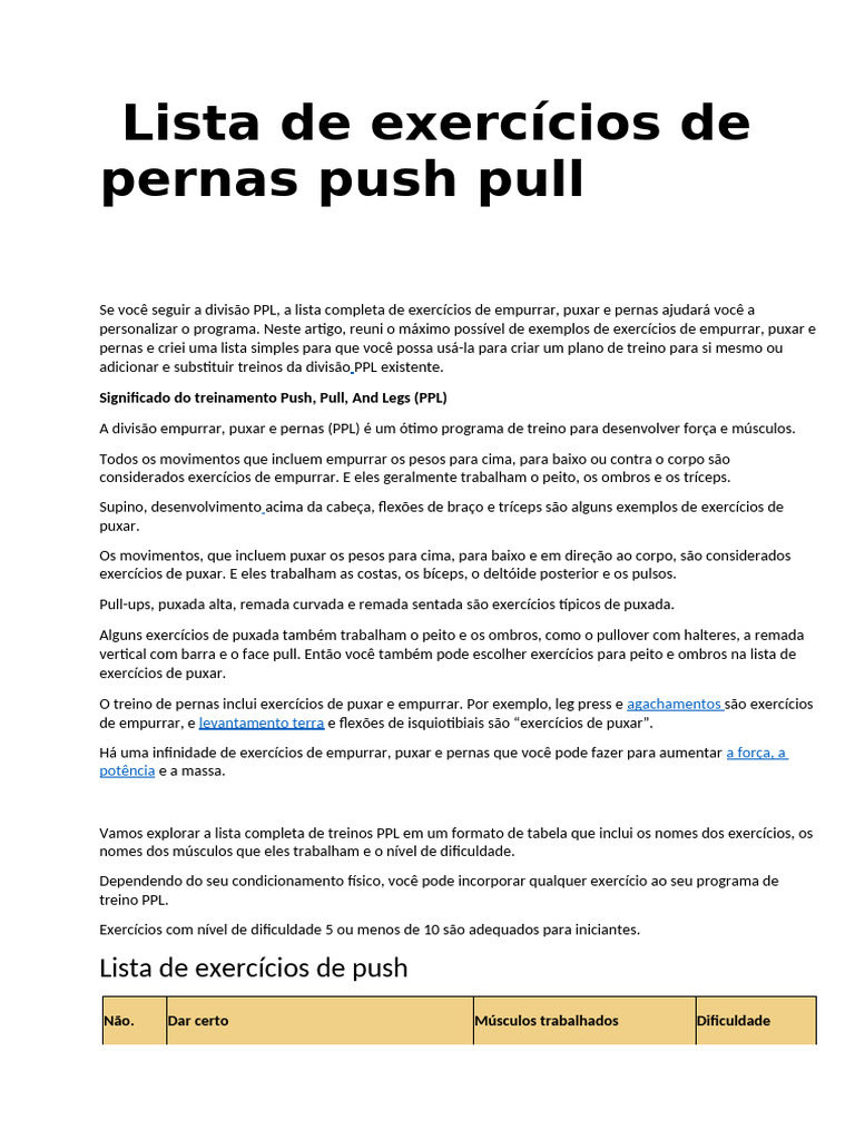 Exercícios de Push, Pull e Pernas PPL | PDF | Treinamento de força ...