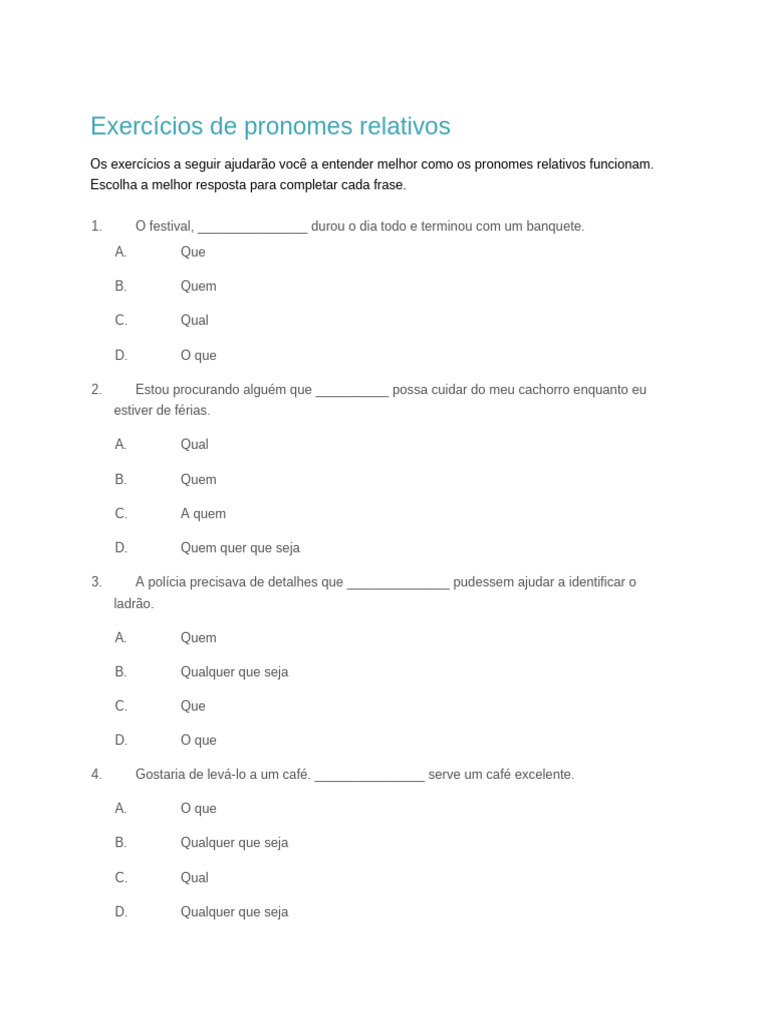 Exercícios sobre Pronomes Relativos | PDF | Pronome