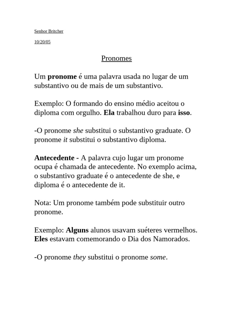 Tipos e Exemplos de Pronomes | PDF | Pronome | Número gramatical