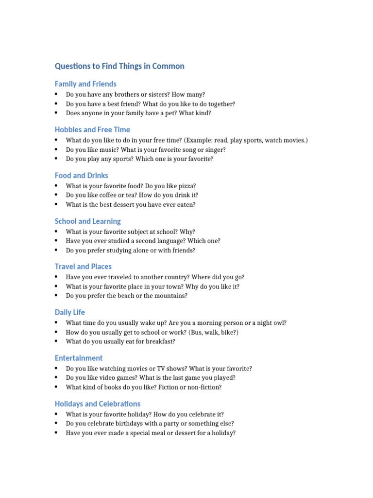 Common Interest Questions for Friends | PDF