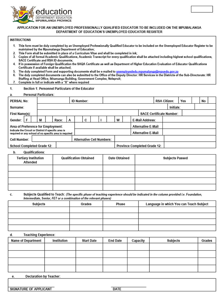 Mpumalanga Unemployed Educator Form | PDF | Teachers | Educational Stages