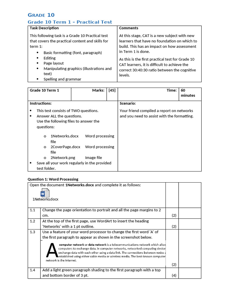 Grade 10 Sample Prac Test | PDF | Paragraph | Local Area Network