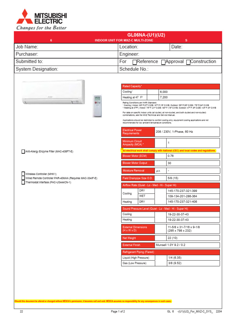 Mitsubishi MSZ-GL12NA-U2 Manual | PDF | Heat Transfer | Home Appliance