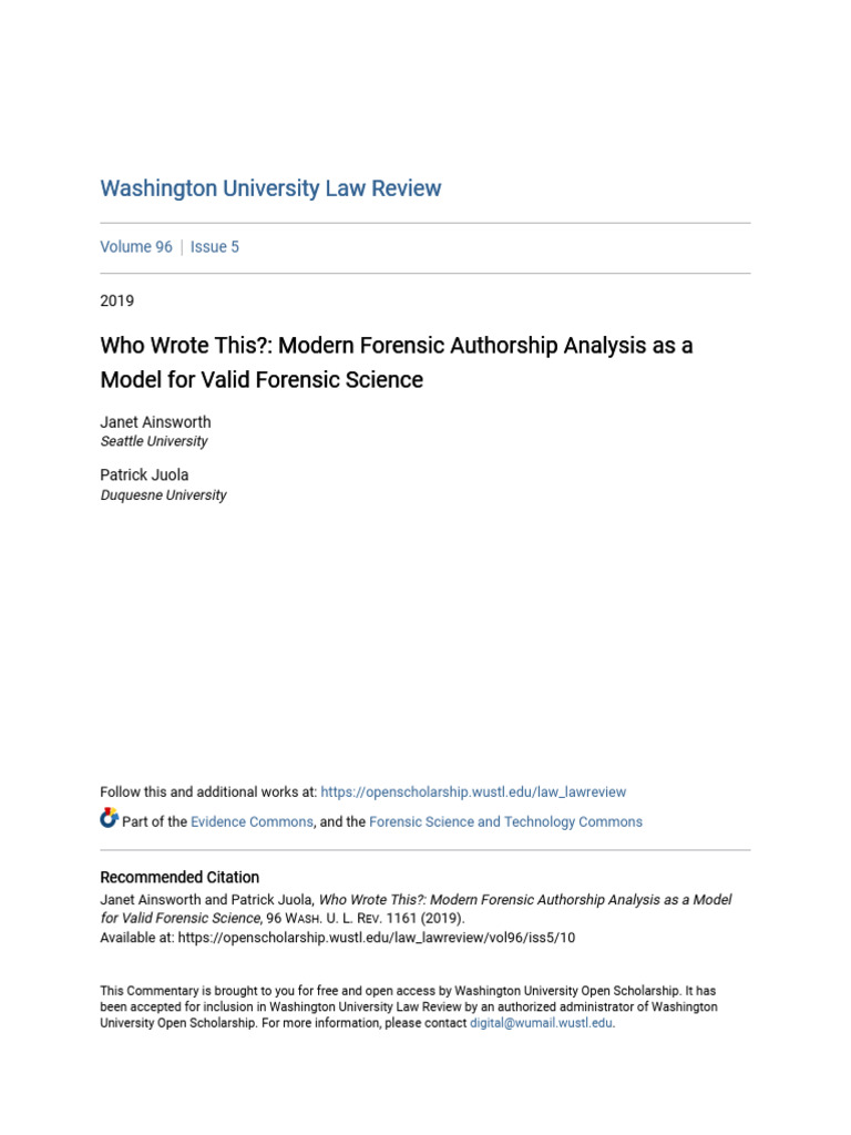 Who Wrote This - Modern Forensic Authorship Analysis As A Model F | PDF ...
