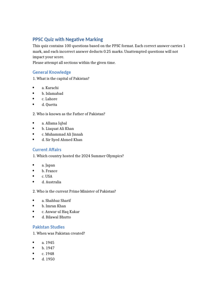 PPSC Quiz: 100 Questions with Negative Marking | PDF