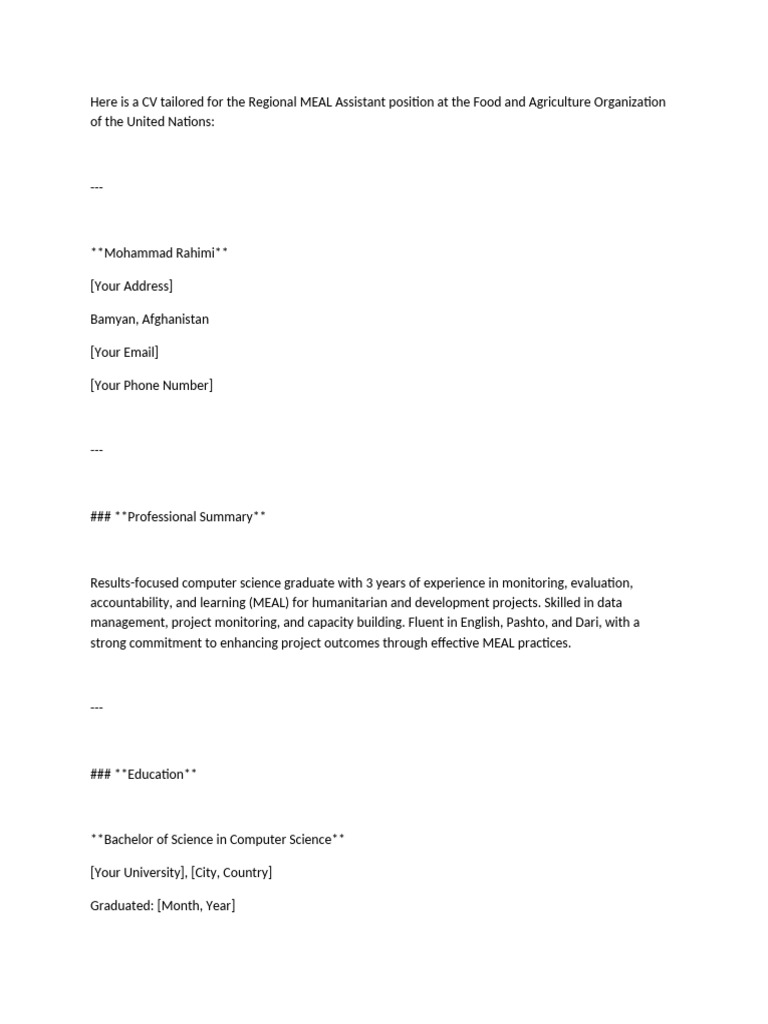 CV for Regional MEAL Assistant Role | PDF | Capacity Building | Data ...