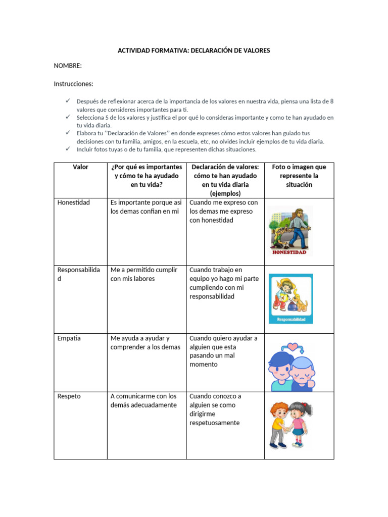 Copia de Act.+Formativa+Delaraci%C3%B3n+de+Valores | PDF