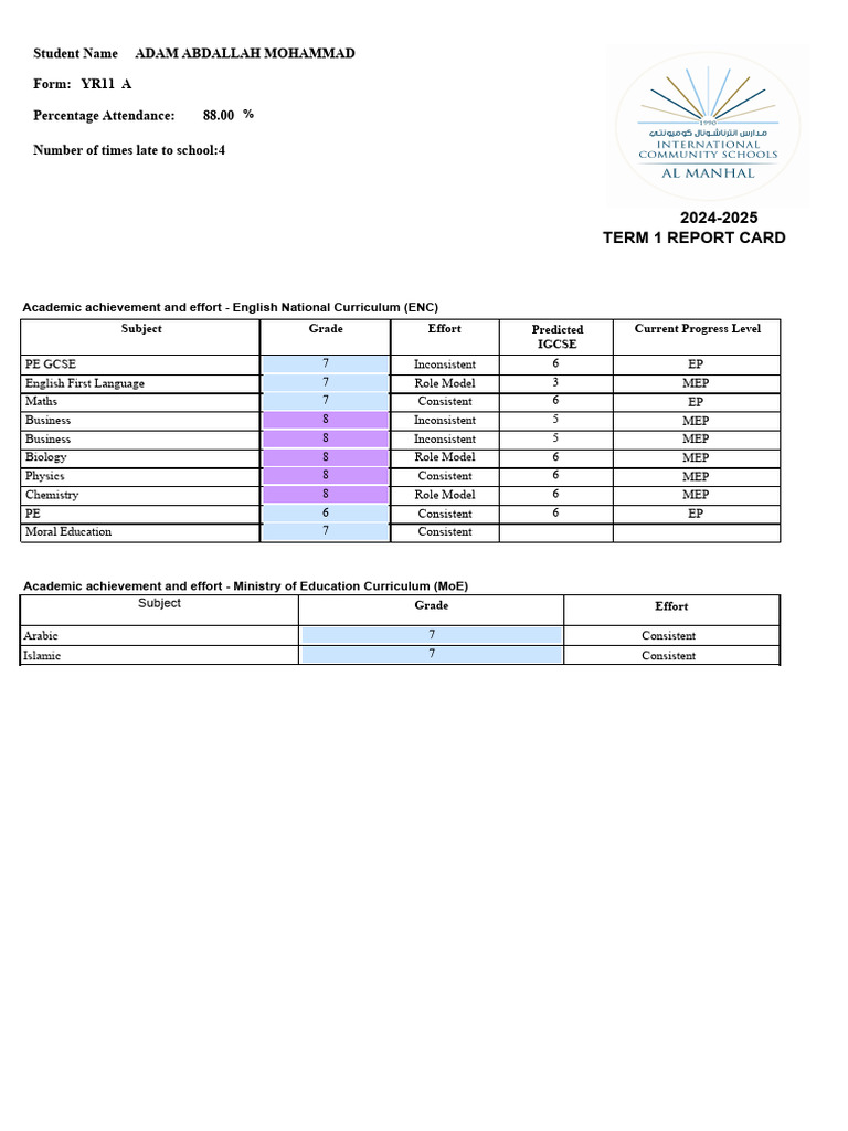Year 11 Term 1 Report Card Summary | PDF | Homework | Learning