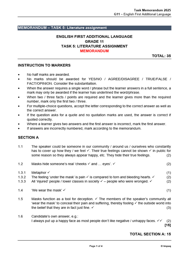 G11 English Literature Task 5 Memo | PDF | Grammar | Vocabulary