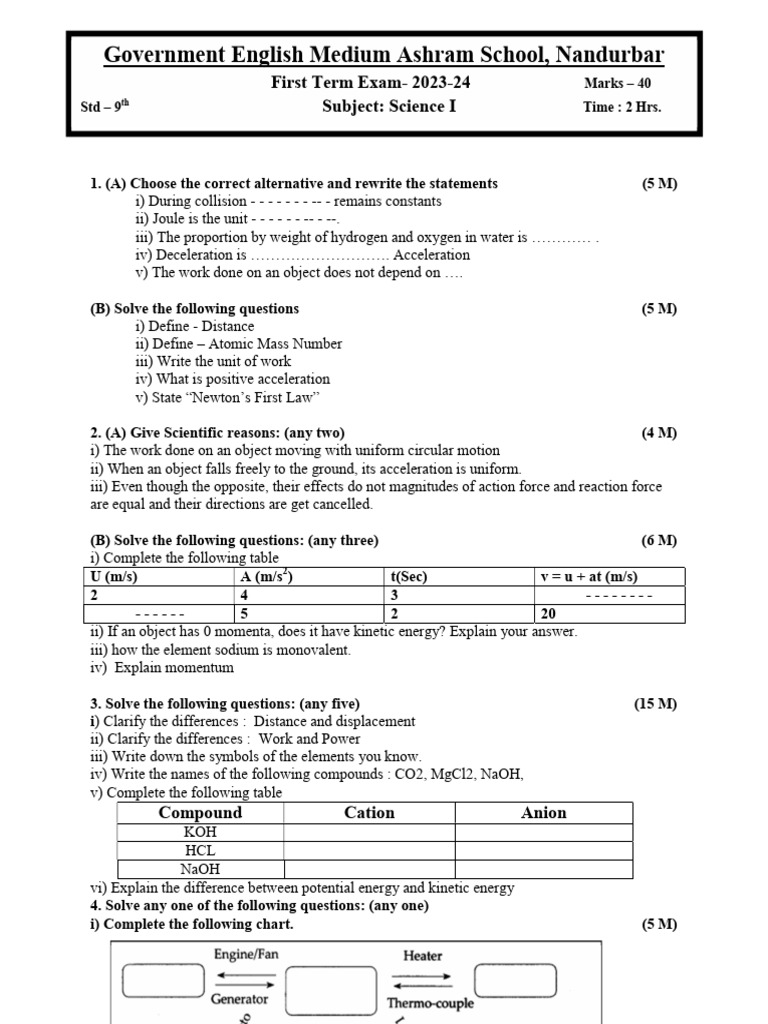 9th Grade Science Exam Questions | PDF | Acceleration | Tissue (Biology)