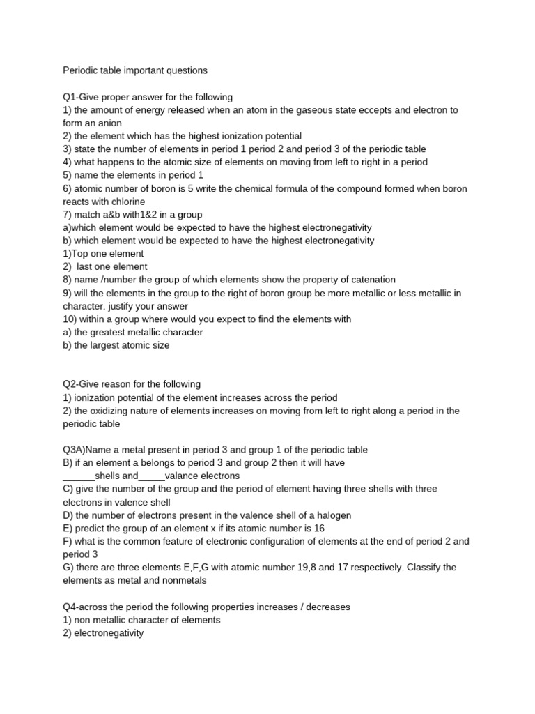 Periodic table important questions | PDF | Periodic Table | Chemical ...