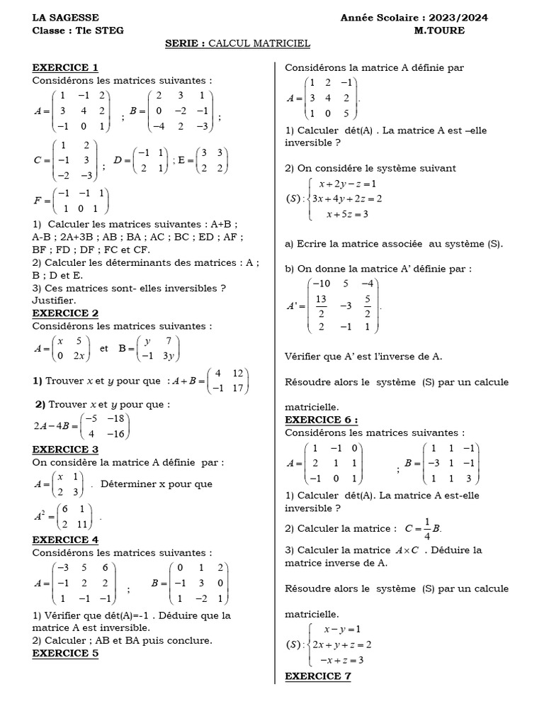 Exercices Corrigés sur les Matrices | PDF | Théorie des opérateurs ...