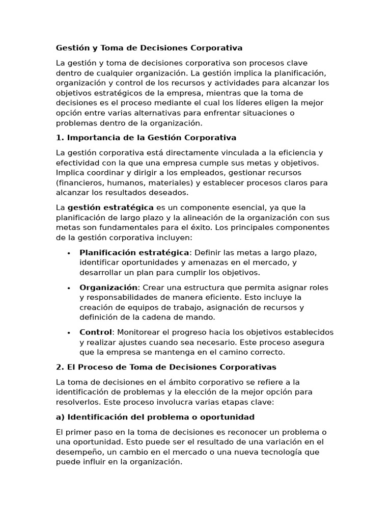 Gestión y Toma de Decisiones Corporativa | PDF | Toma de decisiones ...