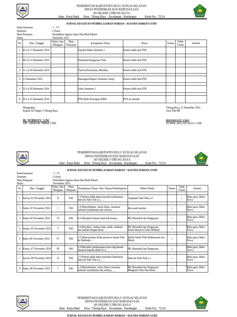 Jurnal Kegiatan Pembelajaran PAI 2024 | PDF