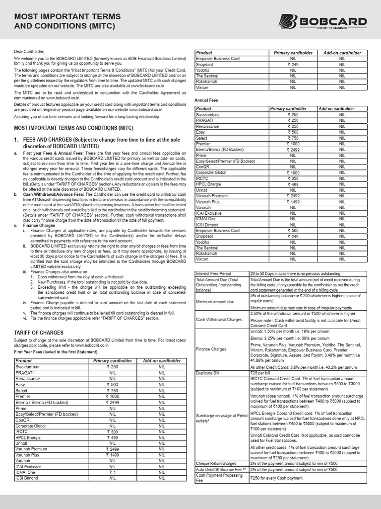 Bobcard Mitc Ver12 27062024 | PDF | Credit Card | Payments