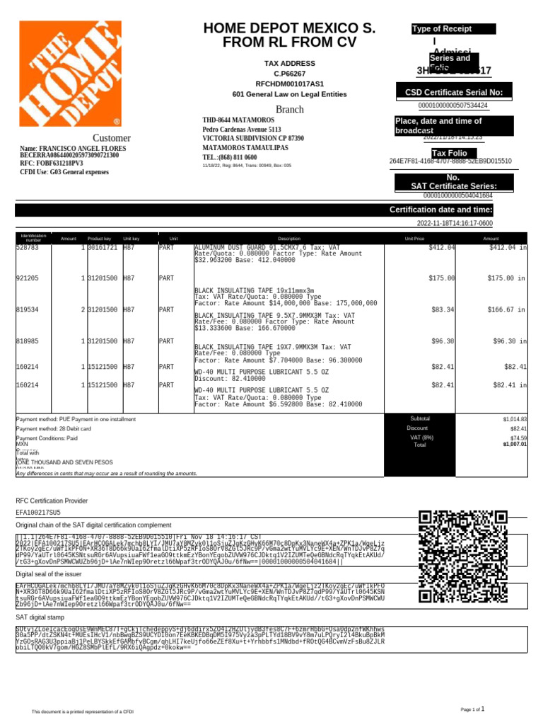 Home Depot invoice Pancho PDF Payments Value Added Tax