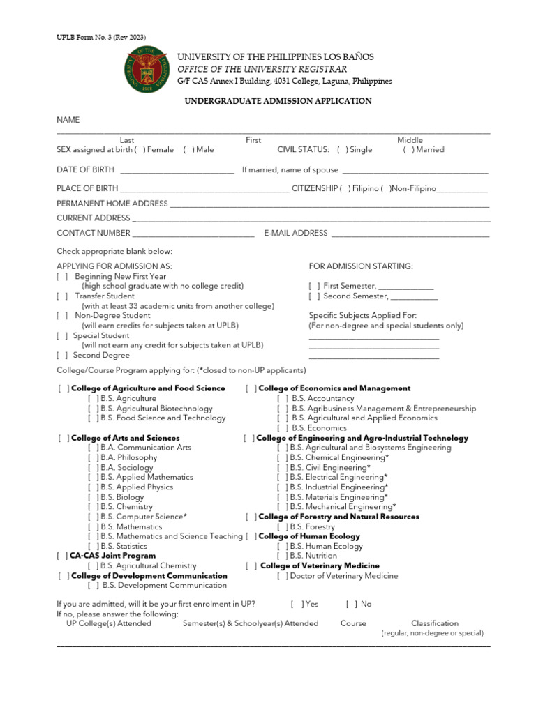 Undergraduate Application Form 3 2023 | PDF | Bachelor Of Science ...